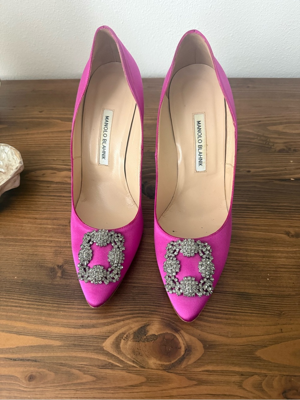 Manolo Blahnik Hot Pink Satin Crystal-Buckle Pumps